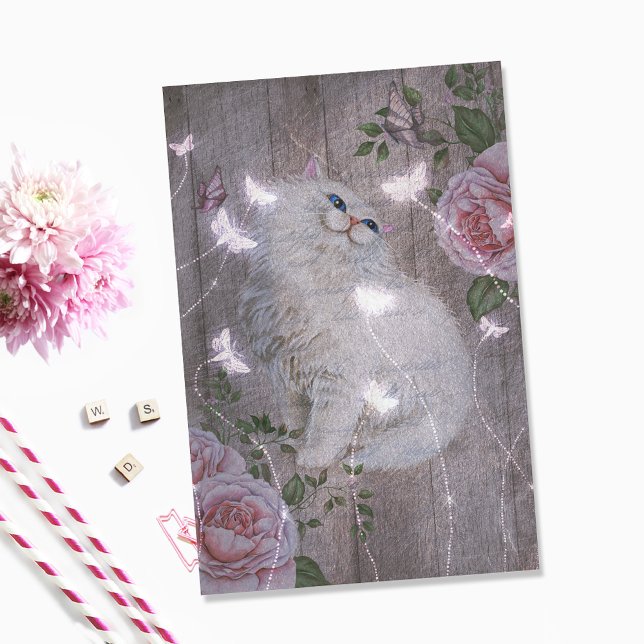 Butterflies White Kitty Cat Floral Decoupage Tissue Paper (Creator Uploaded)
