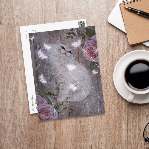 Butterflies White Kitty Cat Floral Postcard