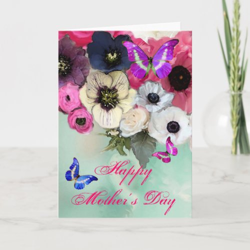 BUTTERFLIES WHITE PINK ROSES AND ANEMONE FLOWERS CARD