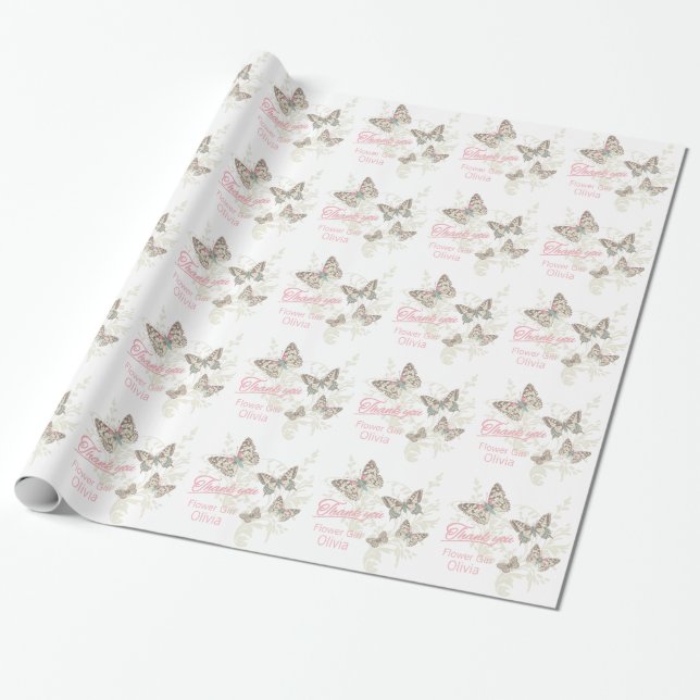 Butterflies white pink wedding favor thank you wrapping paper (Unrolled)
