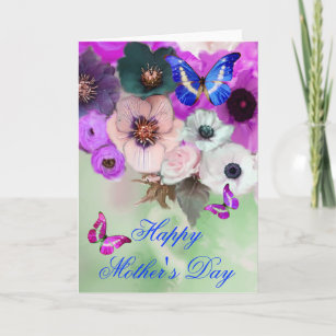 BUTTERFLIES,WHITE PURPLE ROSES AND ANEMONE FLOWERS CARD