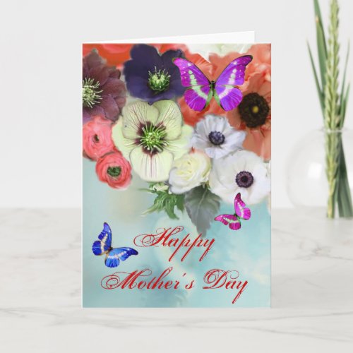 BUTTERFLIES WHITE RED  ROSES AND ANEMONE FLOWERS CARD