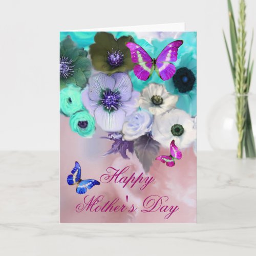 BUTTERFLIES WHITE TEAL ROSES AND ANEMONE FLOWERS CARD