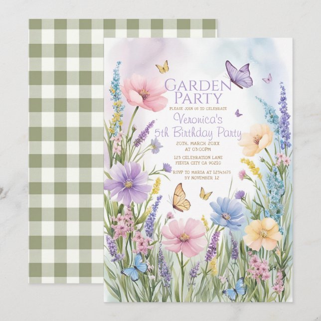 Butterflies Wildflower Garden Party Birthday Invitation (Front/Back)
