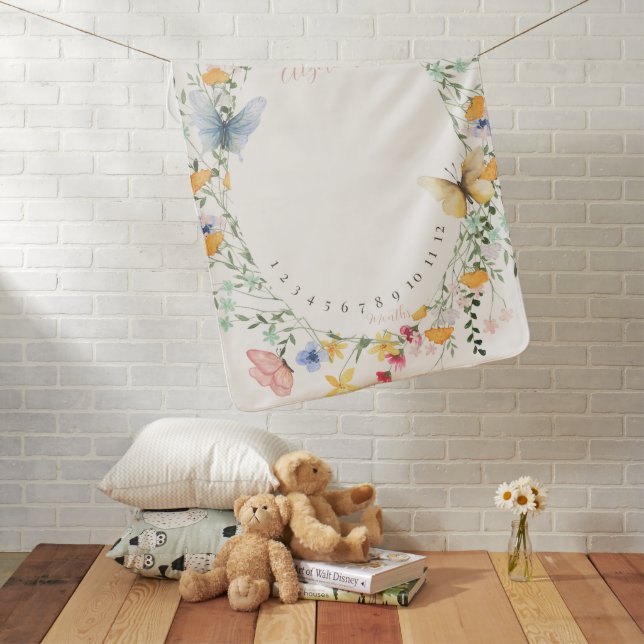 Butterflies & Wildflowers Floral Girl Milestone Baby Blanket (In Situ)