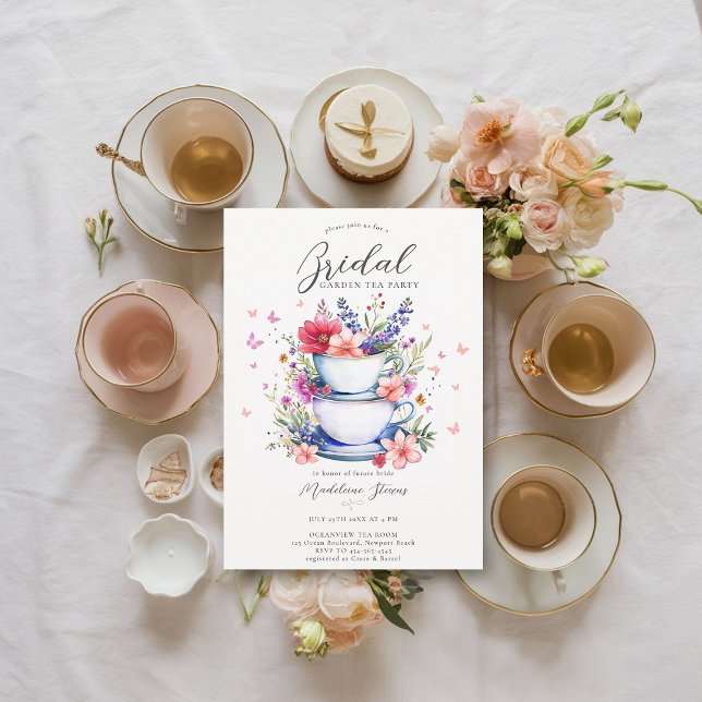 Butterflies Wildflowers Garden Tea Bridal Shower Invitation (bridal garden tea party invitation wildflowers butterflies tea set elegant boho romantic)