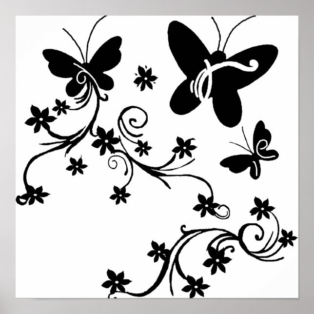 Butterflies with flowers  black n white poster (Front)