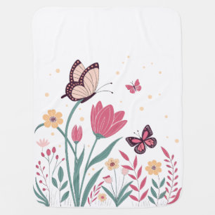 Butterflies with Pink Tulips and Yellow Daisies Baby Blanket