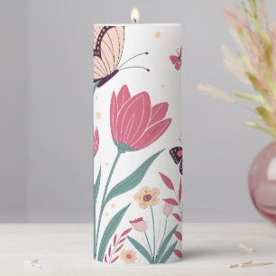 Butterflies with Pink Tulips and Yellow Daisies Pillar Candle