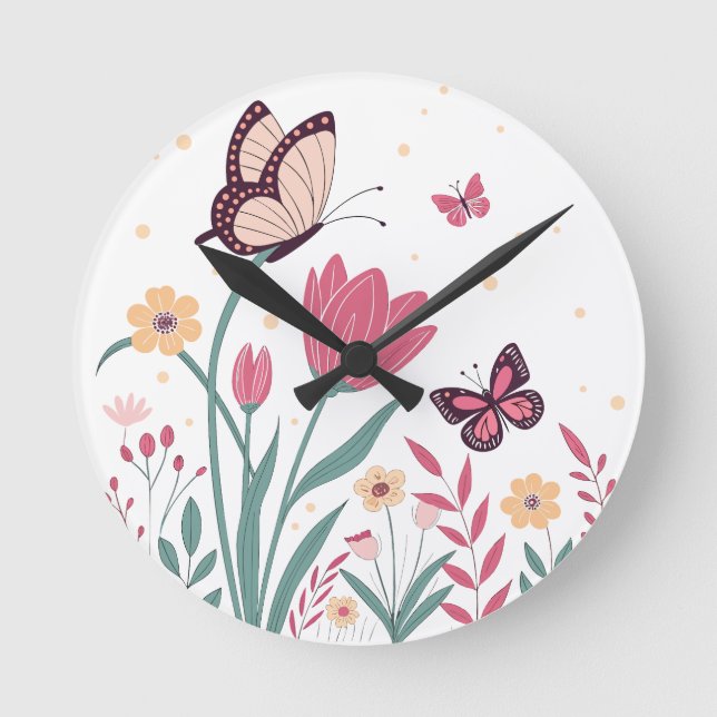 Butterflies with Pink Tulips and Yellow Daisies Round Clock (Front)