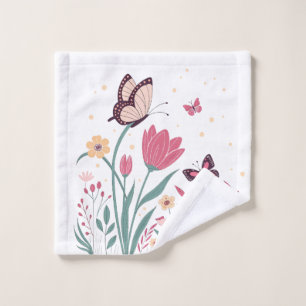 Butterflies with Pink Tulips and Yellow Daisies Wash Cloth