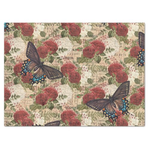 Butterflies with Red and White Roses Decoupage Tissue Paper