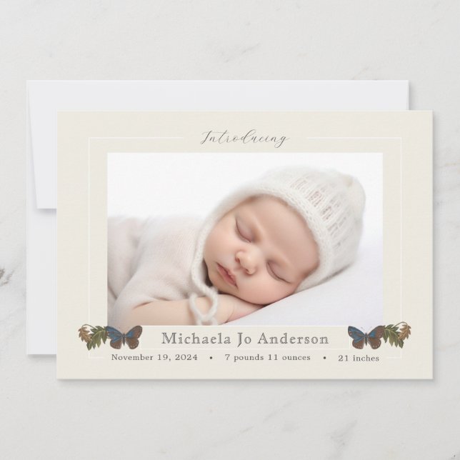 Butterflies Woodland Photo Birth Announcement (Front)