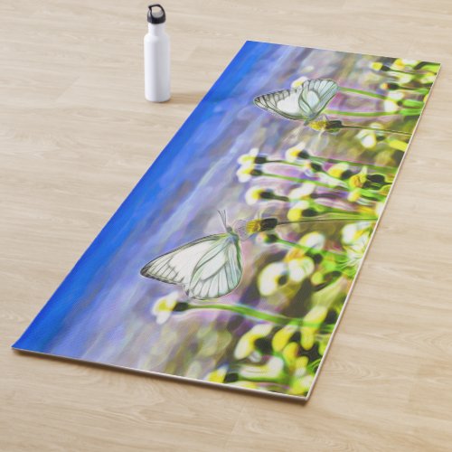 Butterflies Yellow Flowers Blue Sky Spring Yoga Mat