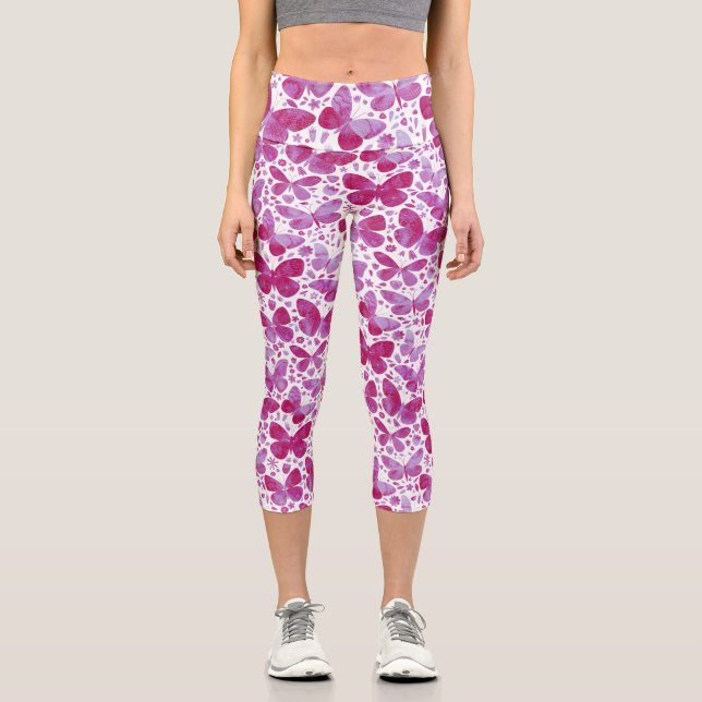 Butterfliy Watercolor Pattern Pink Capri Leggings (Front)