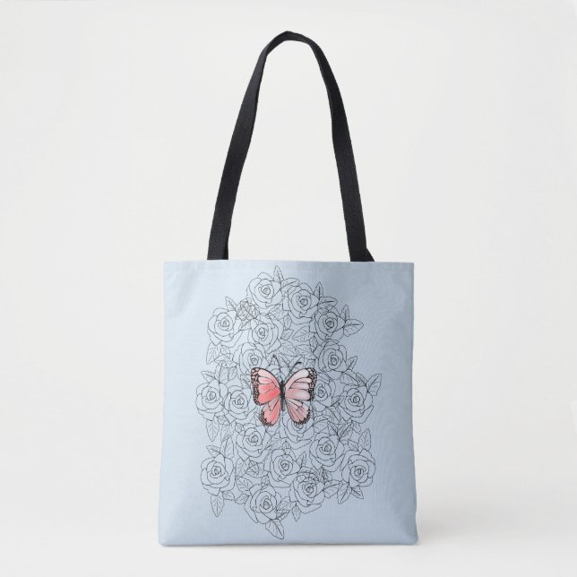 Butterfllies Tote Bag with Roses - Choose Color (Front)