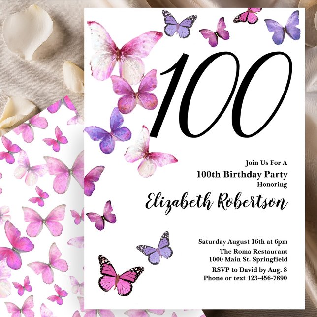Butterfly 100th Birthday Invitation Pink /Purple (Creator Uploaded)