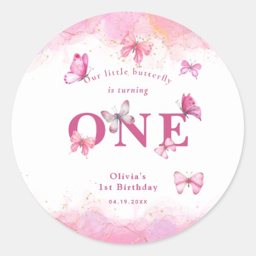 Butterfly 1st Birthday Baby Girl Pink Gold Dust Classic Round Sticker