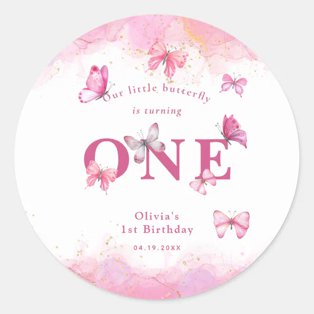 Butterfly 1st Birthday Baby Girl Pink Gold Dust Classic Round Sticker ...