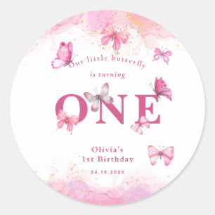 Butterfly 1st Birthday Baby Girl Pink Gold Dust Classic Round Sticker