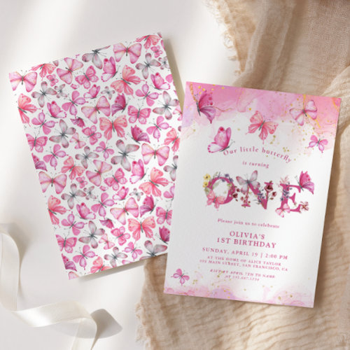 Butterfly 1st Birthday Baby Girl Pink Gold Dust