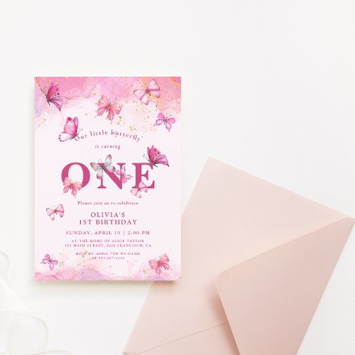 Butterfly 1st Birthday Baby Girl Pink Gold Dust Invitation