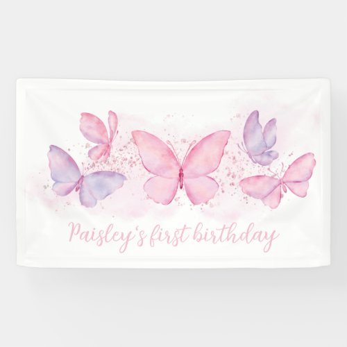 Butterfly 1st Birthday Banner Pink Purple Girl 