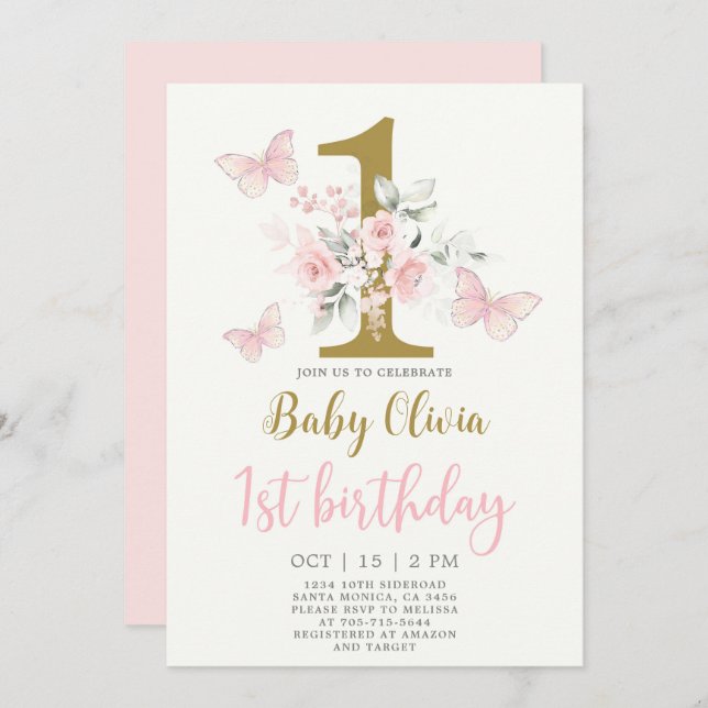 Butterfly 1st Birthday Invitation (Front/Back)