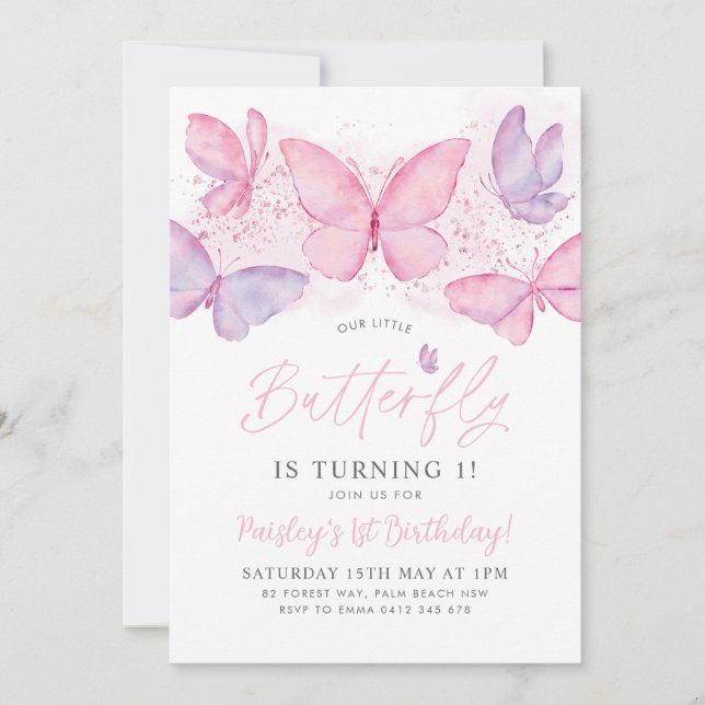 Butterfly 1st Birthday Invitation Pink Purple Girl (Front)