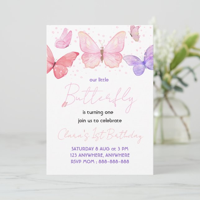 Butterfly 1st Birthday Party Invitation (Standing Front)