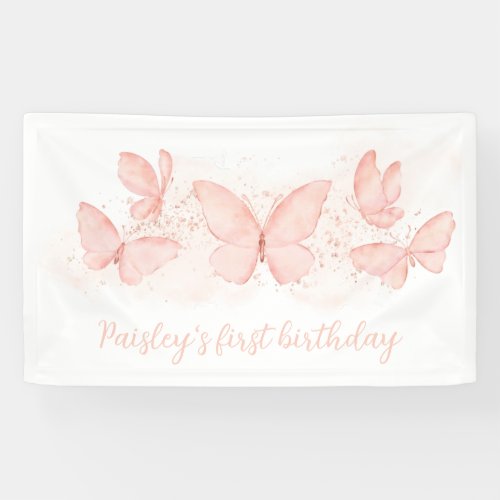 Butterfly 1st Birthday Party Peach Banner Girls