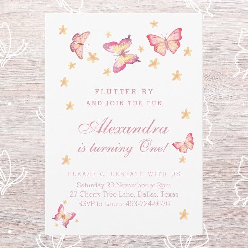 Butterfly 1st Birthday Pink Baby Girl Party Invitation