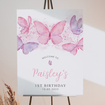 Butterfly 1st Birthday Pink Girl Welcome Sign