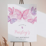 Butterfly 1st Birthday Pink Girl Welcome Sign at Zazzle