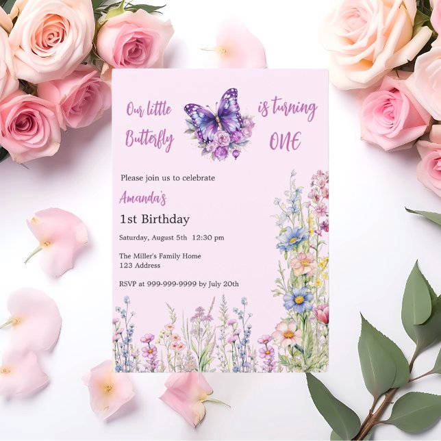 Butterfly 1st Birthday pink purple girl Invitation (Creator Uploaded)