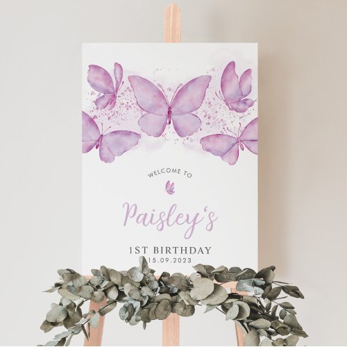 Butterfly 1st Birthday Purple Girl Welcome Sign