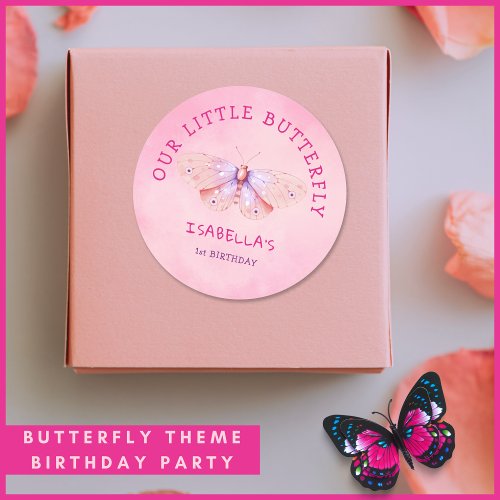 Butterfly 1st Birthday Theme Pink Watercolor Party Classic Round Sticker