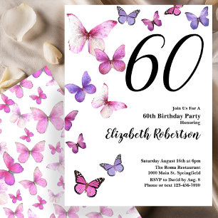 Butterfly 60th Birthday Invitation in Pink /Purple