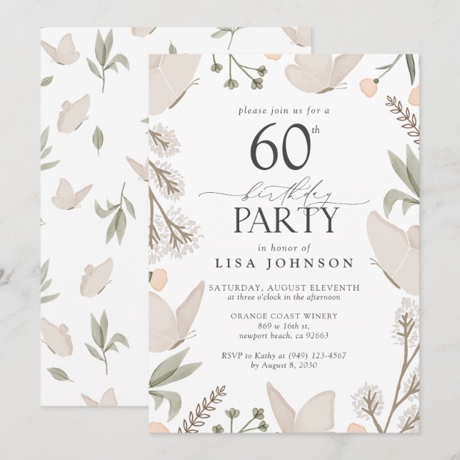 Butterfly 60th Birthday Party Watercolor Neutral Invitation (Front/Back)