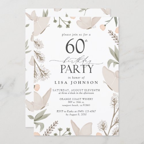 Butterfly 60th Birthday Party Watercolor Neutral Invitation