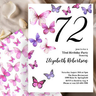Butterfly 72nd Birthday Invitation in Pink /Purple