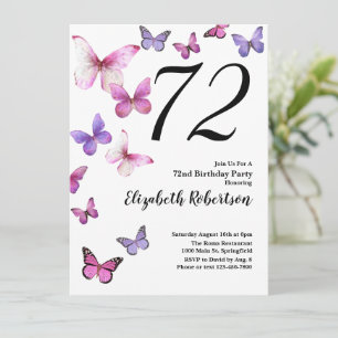 Butterfly 72nd Birthday Invitation in Pink /Purple