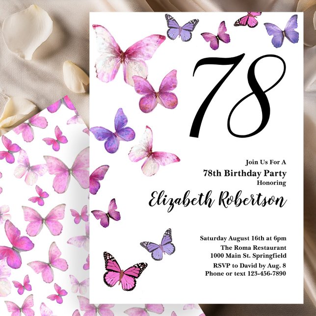 Butterfly 78th Birthday Invitation in Pink /Purple (Creator Uploaded)
