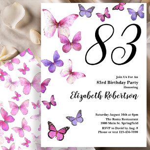 Butterfly 83rd Birthday Invitation in Pink /Purple