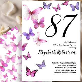 Butterfly 87th Birthday Invitation in Pink /Purple