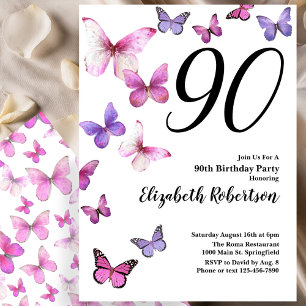 Butterfly 90th Birthday Invitation in Pink /Purple