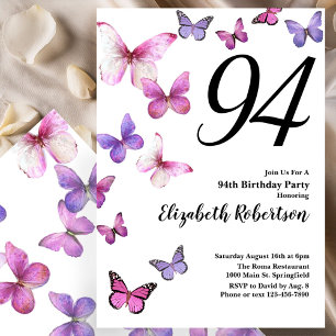 Butterfly 94th Birthday Invitation in Pink Purple