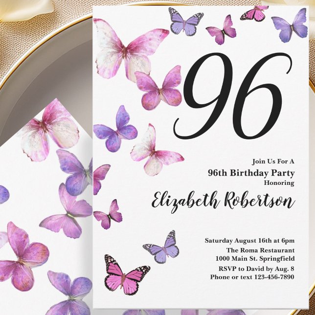 Butterfly 96th Birthday Invitation in Pink Purple (Creator Uploaded)