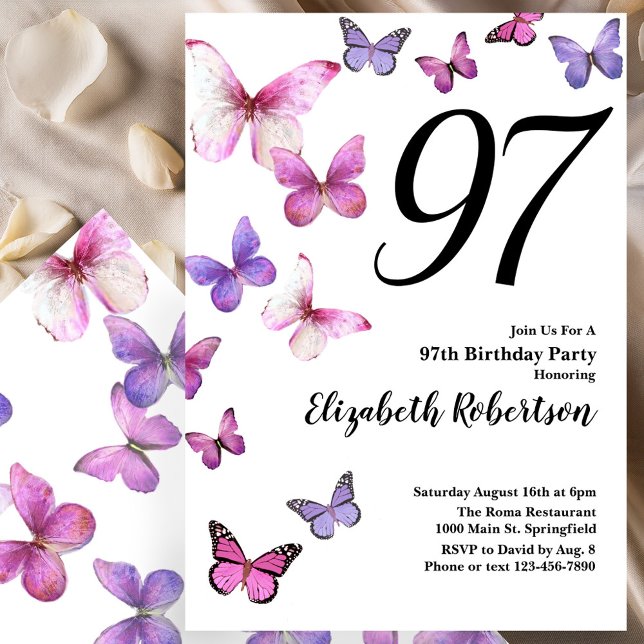 Butterfly 97th Birthday Invitation in Pink Purple (Creator Uploaded)