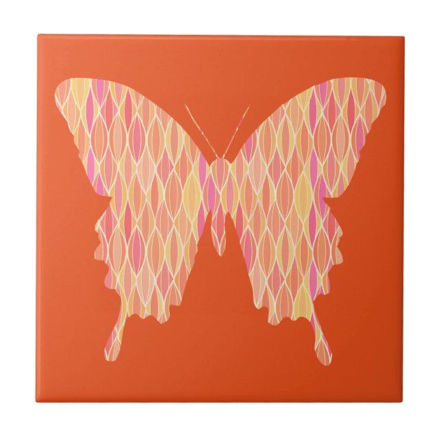 Butterfly, abstract pattern in pink, orange, peach ceramic tile (Front)